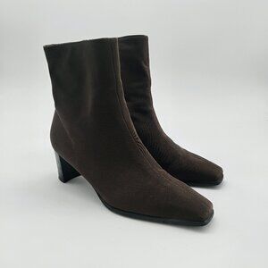 Stuart Weitzman Brown Fabric Zip Ankle Boots Size 8M Block Heel  Square Toe